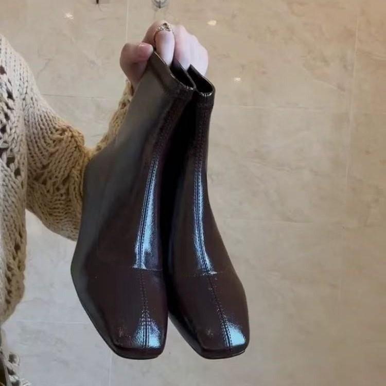 Cowhide Version Retro Simple Thin Boots Rear Zipper Square Head Temperament Wedge 2.5cm Short Boots Thin Elastic Boots