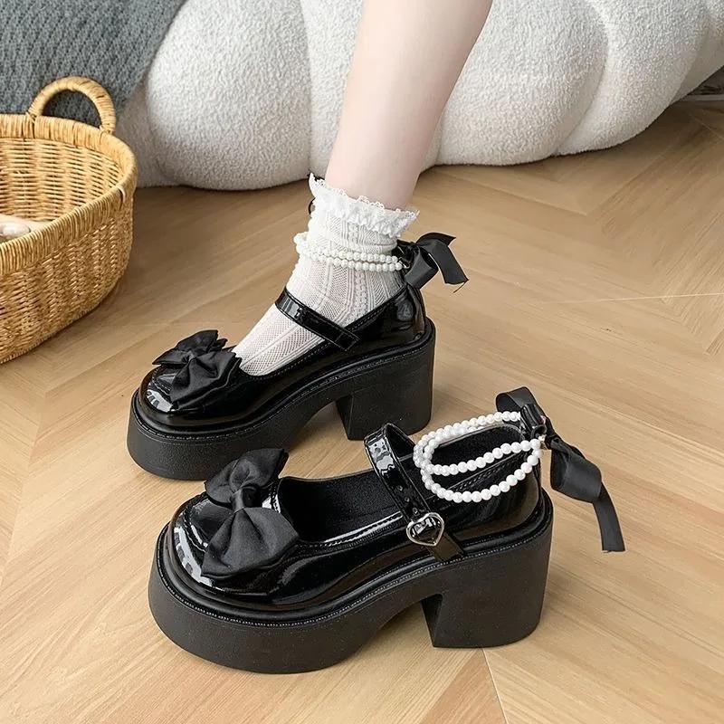 

Fashion Women s High Heels 2024 High Quality Square Heels Mary Jane Bow Round Toe Buckle Dress Party Women s High Heels Chaussure Femme 40 чёрный
