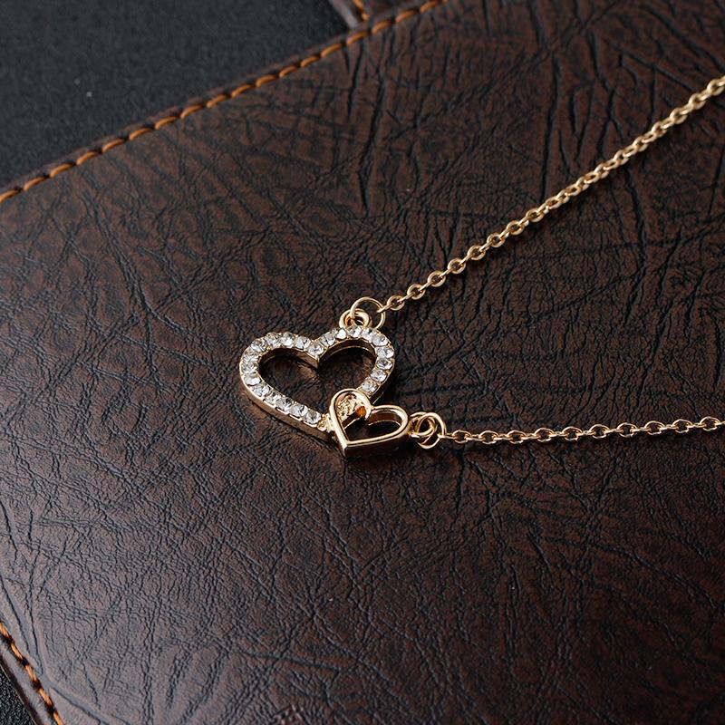 Funny Dazzling Double Crystal Heart Link Design Necklace Golden Silvery Valentine's Day Women Girls Jewelry Gift