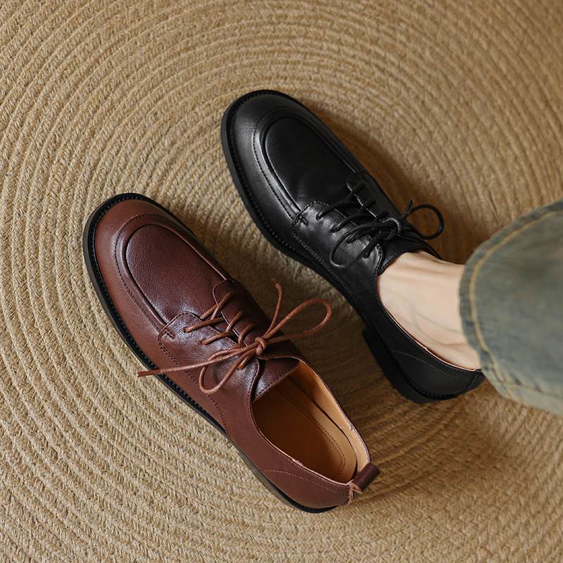 Krazing Pot Cow Skin Autumn Winter Brogues Shoes Lace Up Low Heels Size 42 Round Toe Oxford Shoes Deep Mouth Pumps