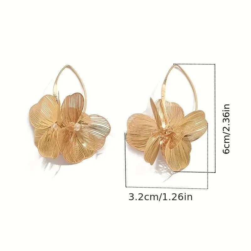 Vintage Gold Color Double Layer Hollow Flower Hoop Earring for Women Exaggerate Metal Big Petal Earring Party Daily Wear Jewelry