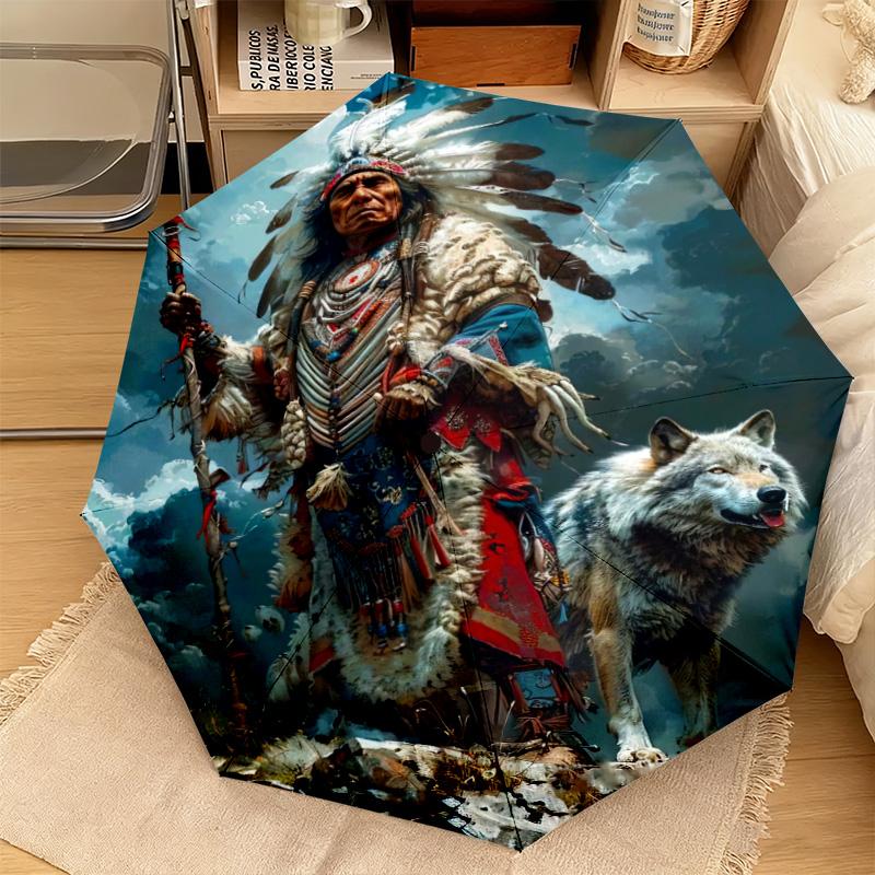 1PC Wolf Native Spirit Automatic Umbrella - Suitable Travel Outdoor Portable Umbrella Birthday Gift Daily Essentials