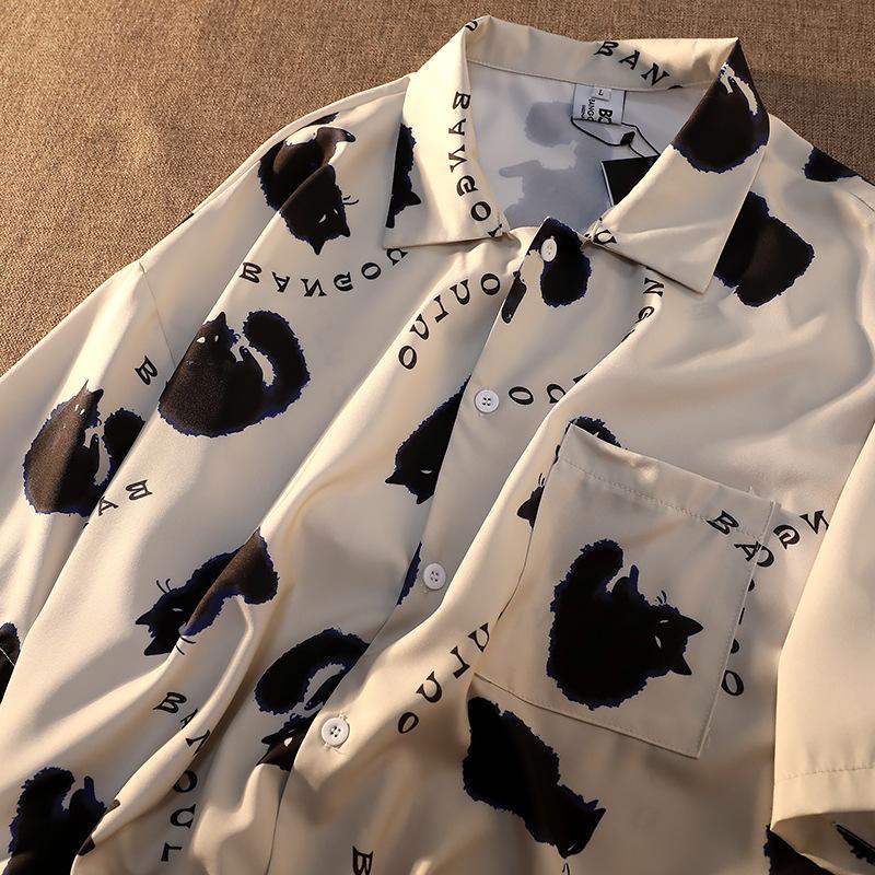 Men s Cat Print Letter Detail Short Sleeve Shirt Casual Pocket Detail Loose Fit Streetwear Top M абрикосовый