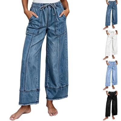 Women's Casual Wide Leg Drawstring Jeans with Pockets for Everyday Wear