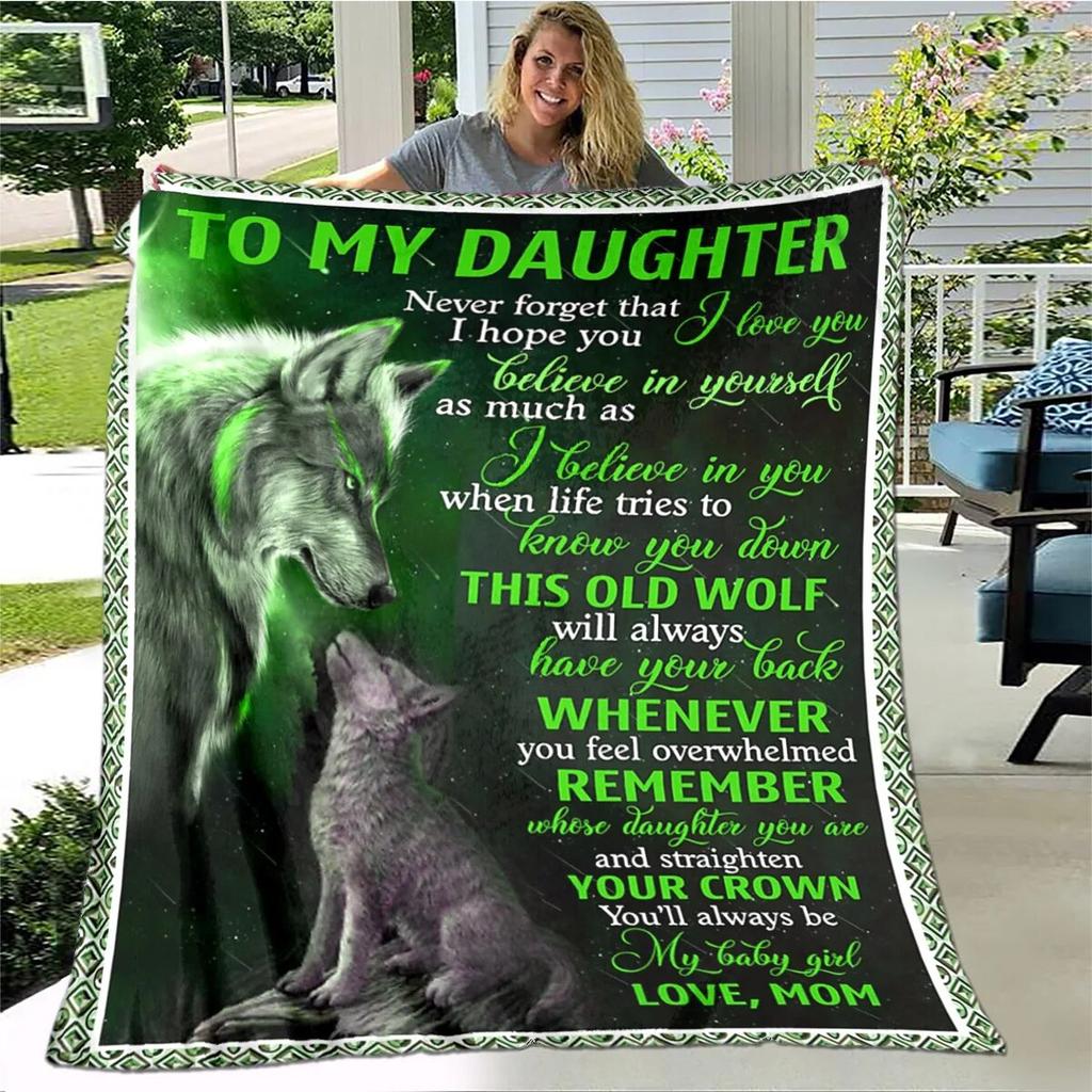 Personalisierte Sherpa-Decke für meine Tochter, bedruckt mit Löwe, Wolf und Drache, Geschenk von Mama, Papa, Sofabettdecke, weiche Picknickdecke