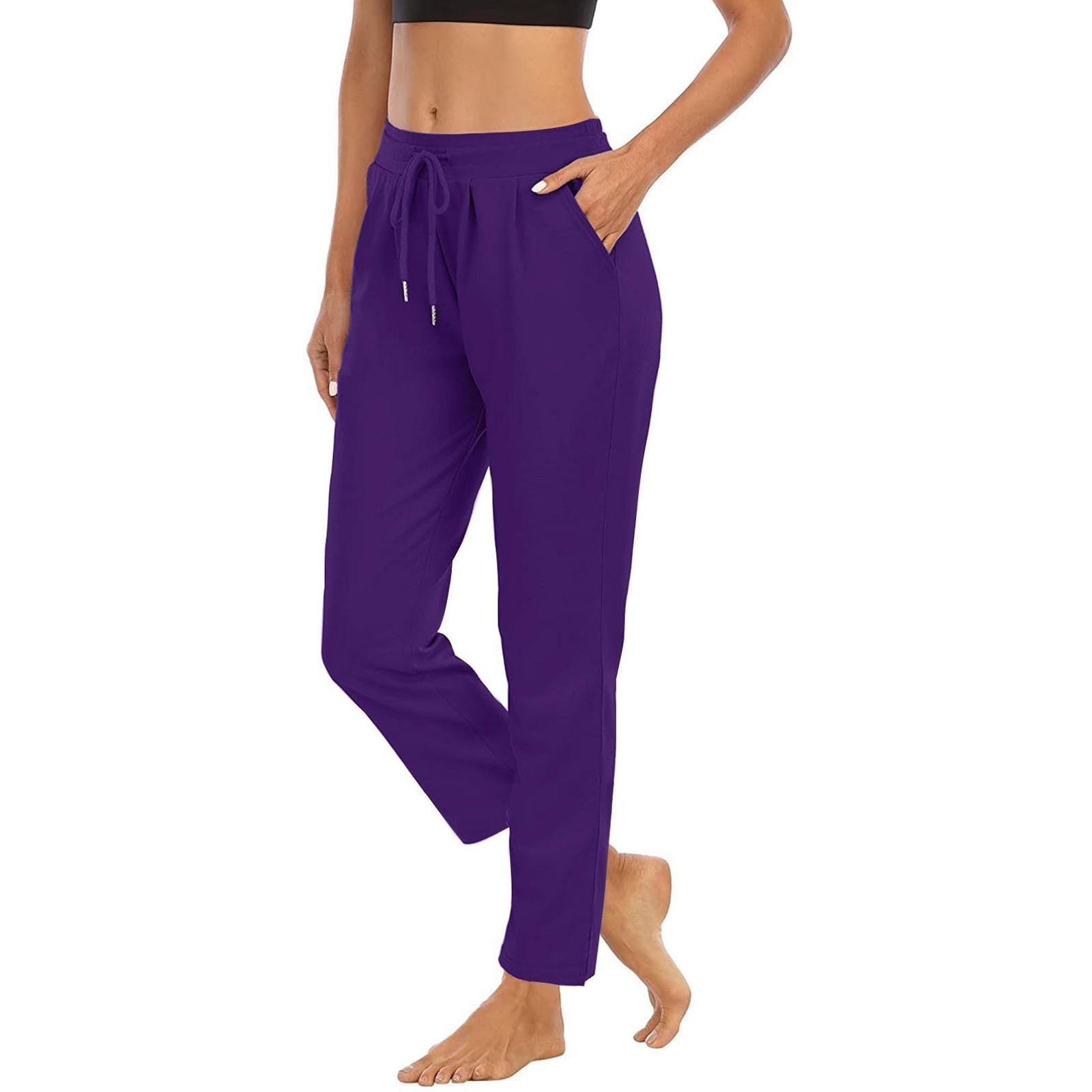

Женские однотонные повседневные брюки с высокой талией и шнуровкой, эластичные облегающие длинные удобные брюки с карманами M фиолетовый