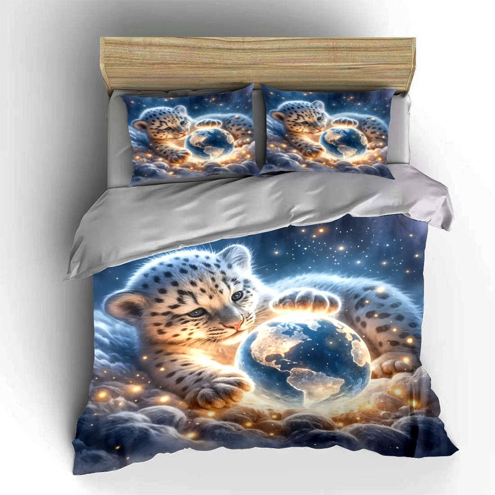 Snow Leopard with Glowing Earth Bedding Duvet Cover Set (1*Duvet Cover 2*Pillowcases, without duvet insert)