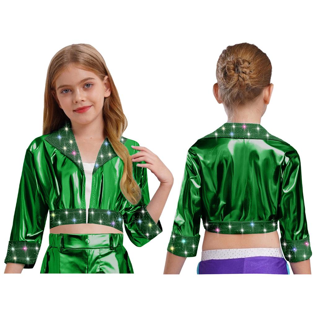 Kinder Bühnenauftritt Jacke Mädchen Jazz Dance Oberbekleidung Glänzende Strasssteine mit Reverskragen