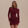 Women Solid Color Round Neck Long Sleeve High Waist Slim Fit Hip Wrap Short Dress