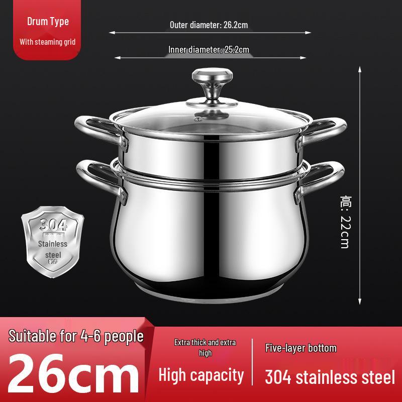 304 Stainless Steel Non-stick Soup & Steamer Pot for Gas & Induction Cookers