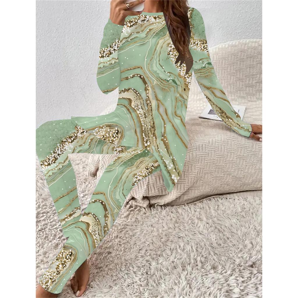 Euro-American Fashion 3D Marbling Print Women's Four-season Long-sleeved T-shirt + Long Pants Two-piece Set. Perfect Gift for New Year