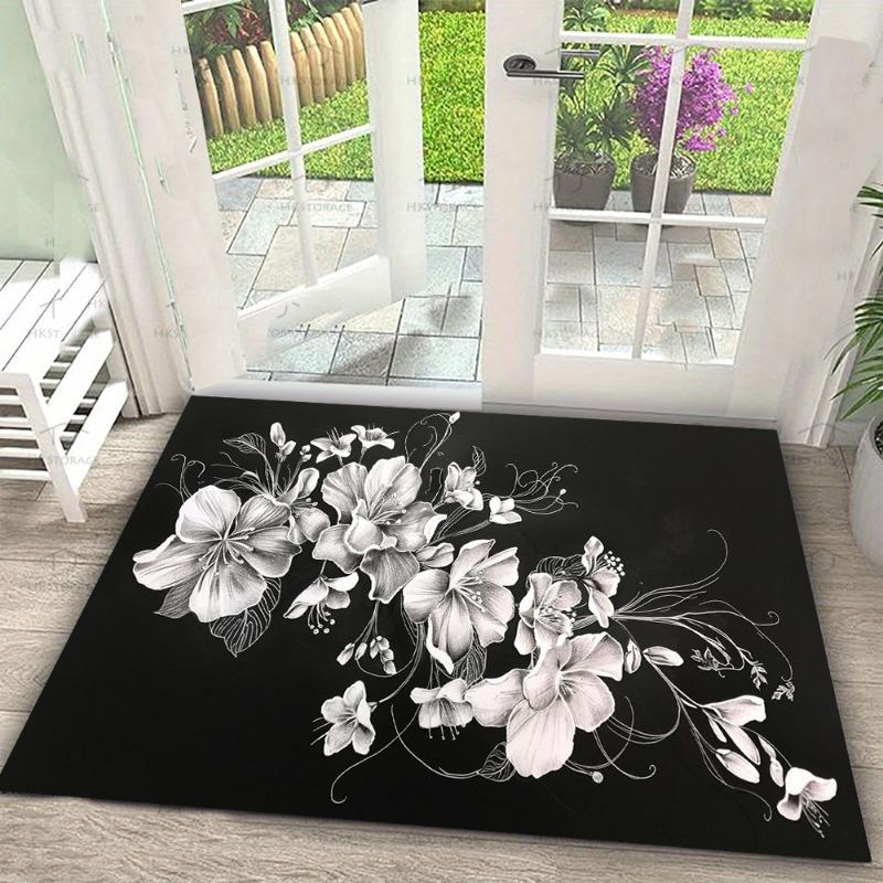Blumen-Skizzen-Teppichmatte - Schwarz Weiß Rose Lilie Gänseblümchen Blume Linienkunst Minimalistisch Modern Dekorative Wohnkultur Teppich Schlafzimmer