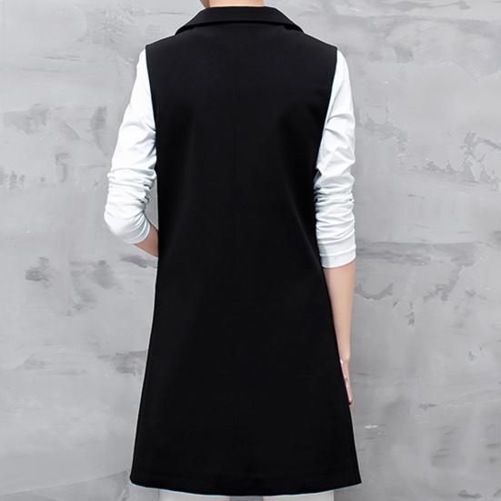 Women Long Suit Coat Sleeveless Mid Length Single Button Sleeveless Thin Pocket Cardigan Lapel Formal OL Commute Style Lady Jacket