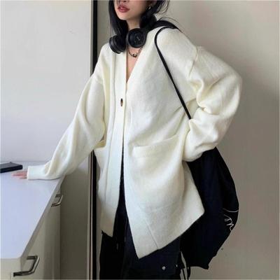 V-neck Gentle Wind Knitted Cardigan for Women's Autumn and Winter New Temperament Loose and Thin Sweater Jacket for Women