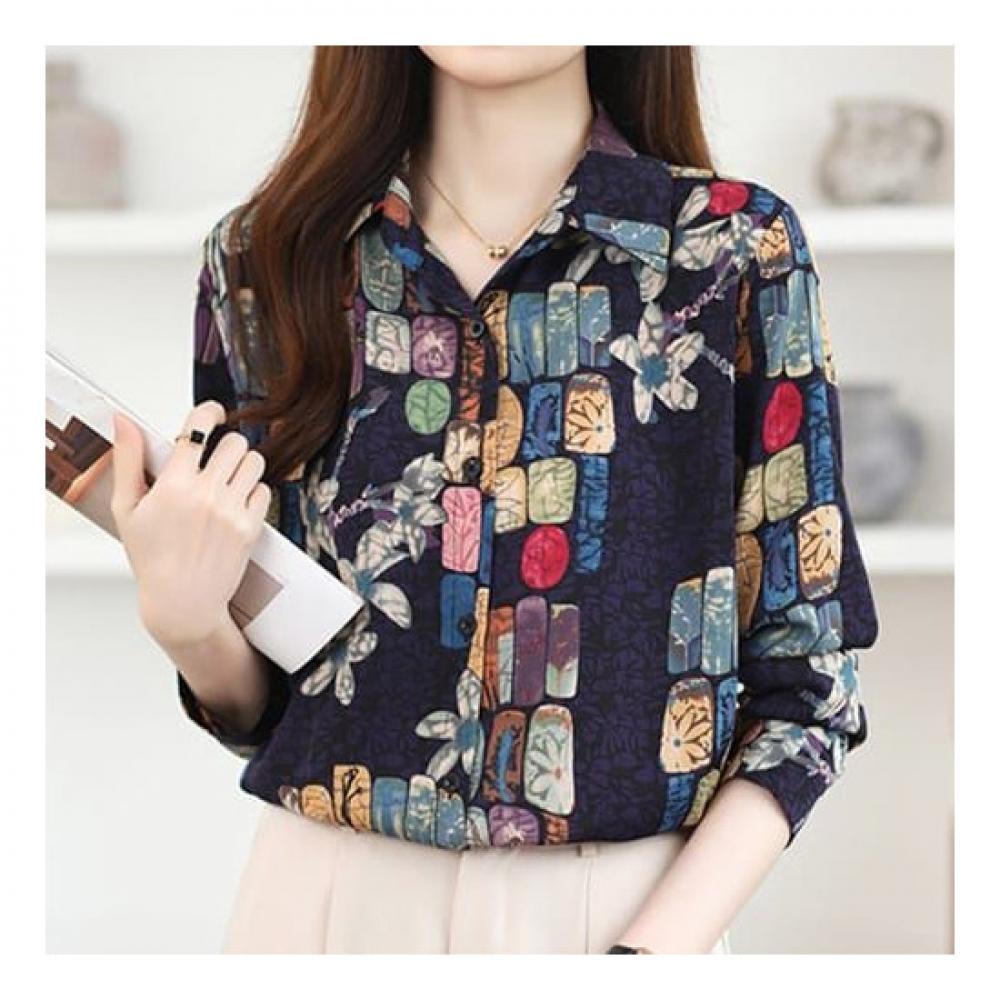 Navava Retro Printing Flower Long Sleeve Shirt Nb2294