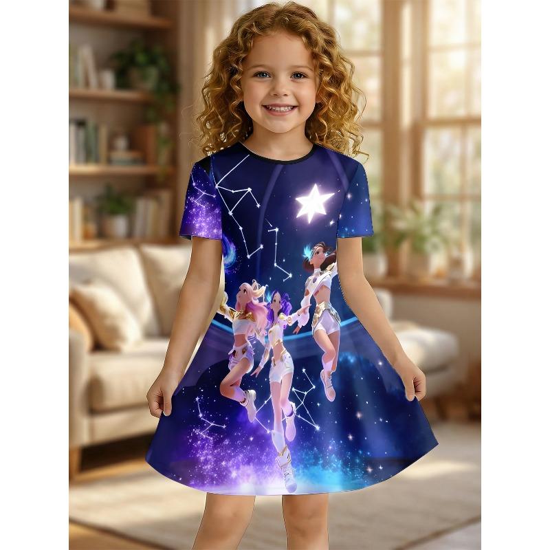 Girl Galaxy Anime Girl Group Printed T-shirt Dress, Starry Sky Casual Dress, Suitable for Children's Parties, Birthday Gifts