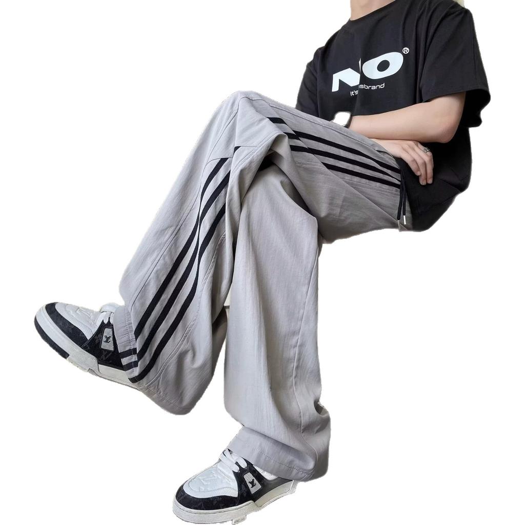 Retro styl pánské kalhoty americké třípruhé pruhované rovné sportovní kalhoty volné rovné široké nohavice ležérní kalhoty