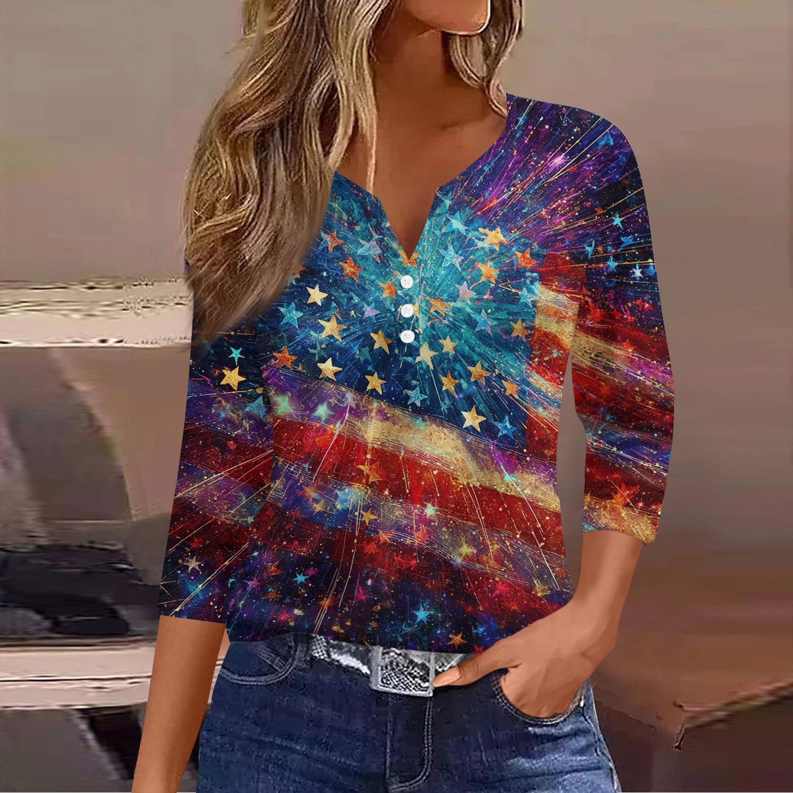 

Женская модная повседневная рабочая рубашка с принтом американского флага и звезд к Дню независимости, с V-образным вырезом, короткими рукавами, разрезами по бокам и карманами L темно-синий