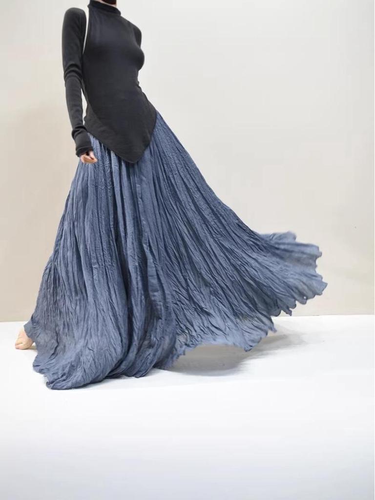 Autumn Plus Size Women's A-line Skirt - Pleated Forest Style, Cotton-Linen Texture, High Waist, Slimming, Long Hem
