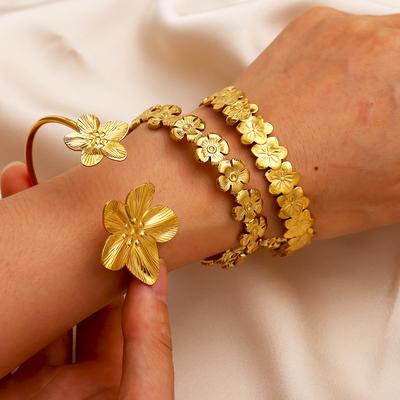 Tiny Cherry Blossom Flowers Gold Color Cuff Bangles For Women Romantic Stainless Steel Geometric Bracelet Jewelry Christmas Gift