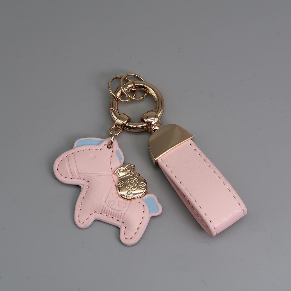 Instant Wealth Leather Keychain with Cartoon Pony Pendant for Couples – Trendy Bag and Car Accessory