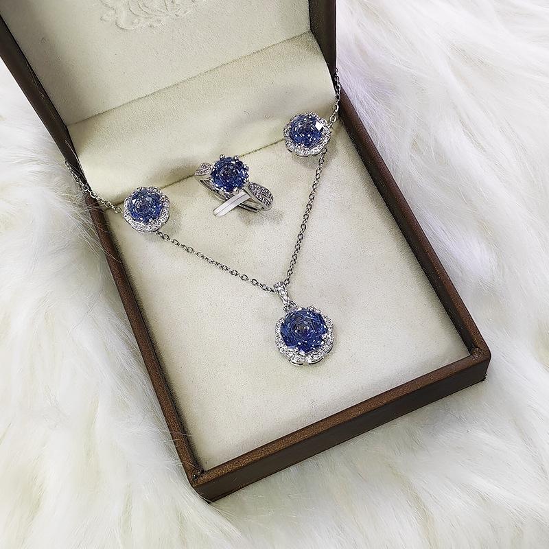 Octagonal Millennium Rose Cut Colorful Blue Ring Set Premium Light Luxury, Blue Stud Earrings Pendant Female 2026 Resizable