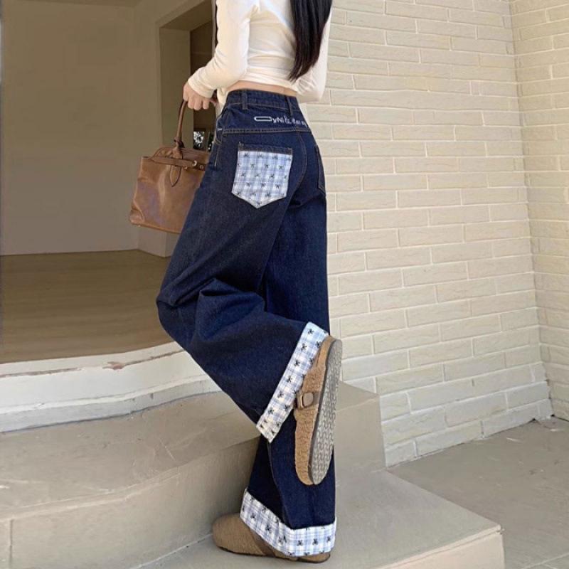 Women s Plus Size High Waist Patchwork Butterfly Embroidered Wide Leg Jeans L темно-синий