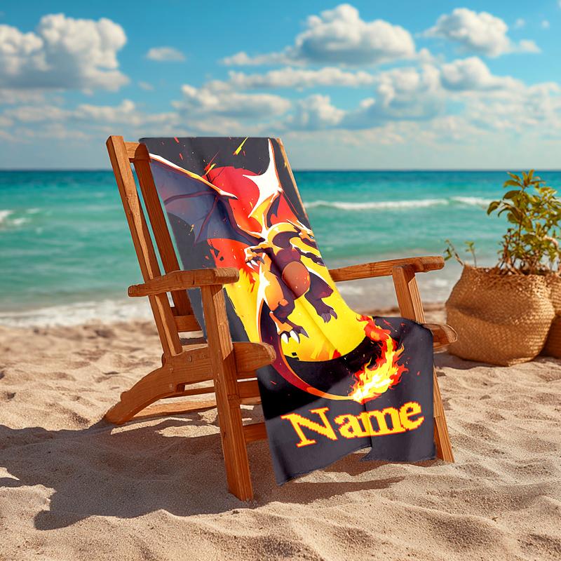 Personalized customized proof beach towel with Pokémon Charmander pattern - soft, absorbent,quick-drying,perfect swimming,camping&bathing