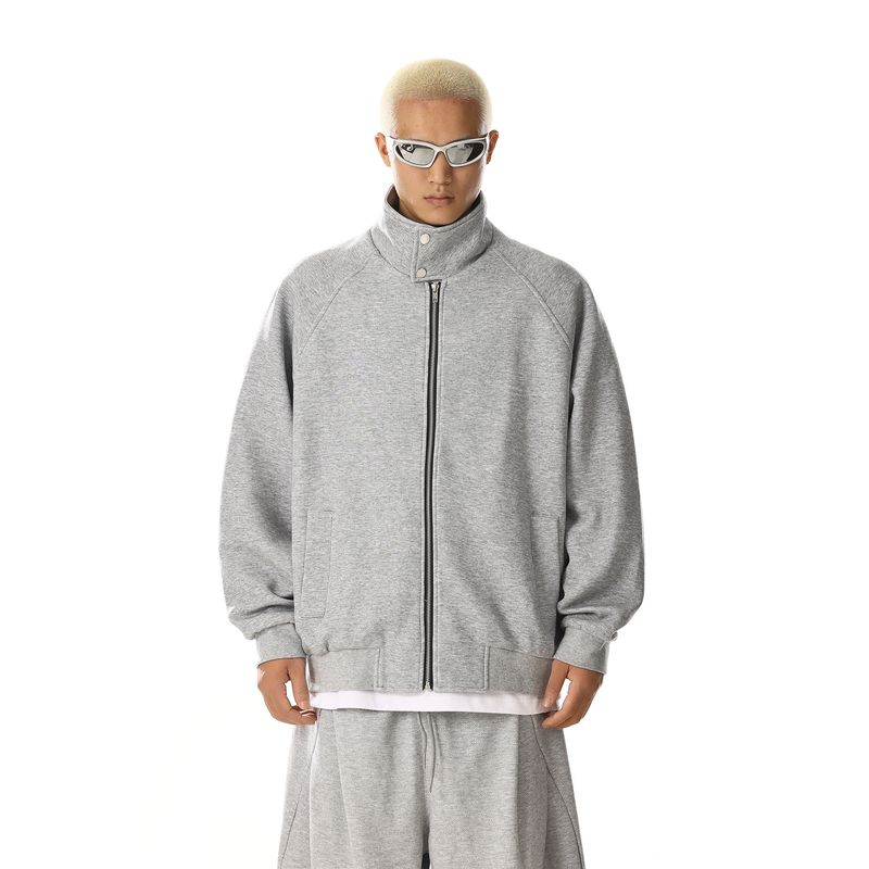 American vintage High Street Zip-up Stand Collar Cardigan Outerwear Men's and Women's Simple Commuter All-Match Loose Sports Hoodie Top