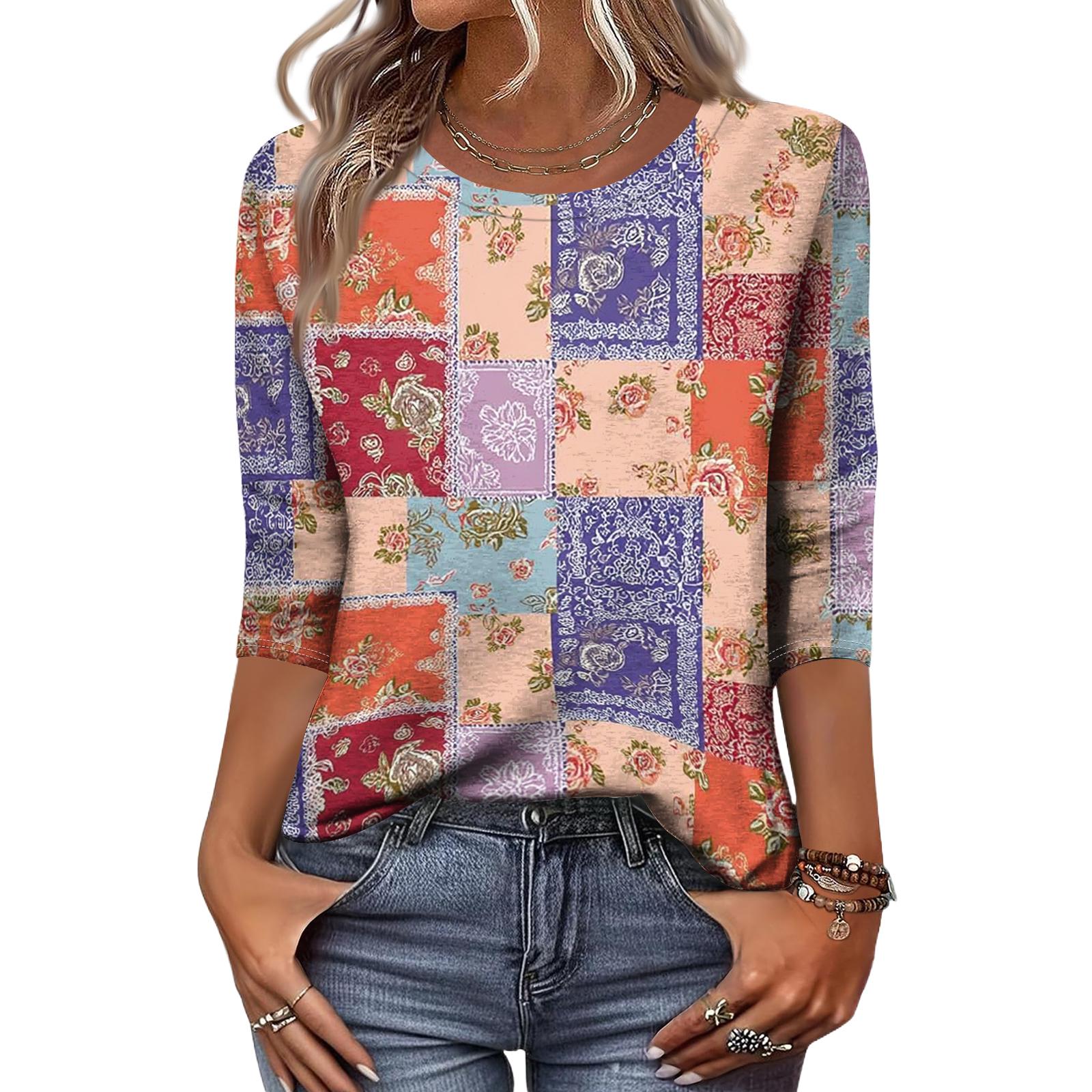 

Women s Fashion Casual Round Neck 3/4 Sleeve Loose Printed T-Shirt Ladies Top XL небо синє кольору