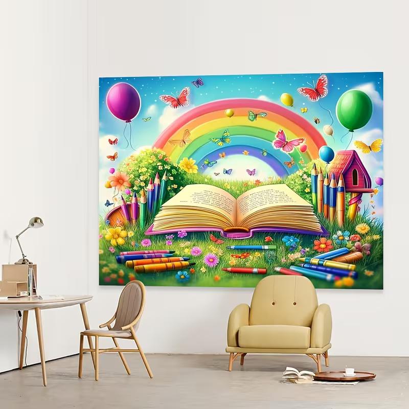 Rainbow Book & Crayons Kids Tapestry, Colorful Butterfly Floral Wall Hanging