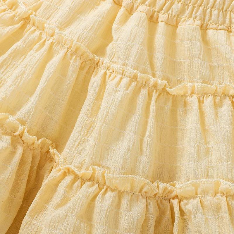 Abito plissettato con cinturino per bambina Manica estiva per bambini Cuciture casual Torta Abiti da principessa Abiti per bambini da 2 a 8 anni