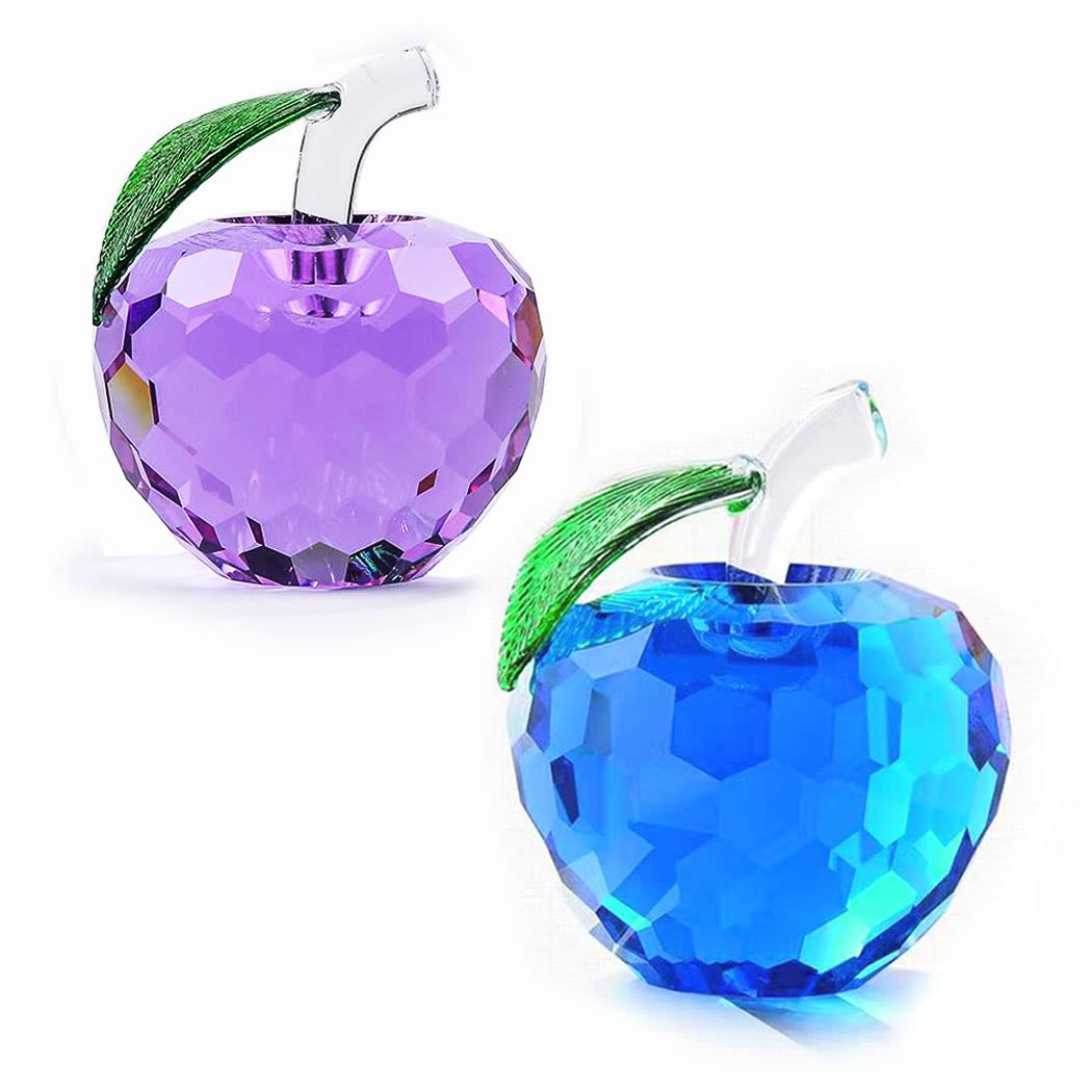 

Crystal Glass Apple Figurine, Feng Shui Item, Interior Object, Suncatcher, Good Luck Item, Gift (Purple and Blue)