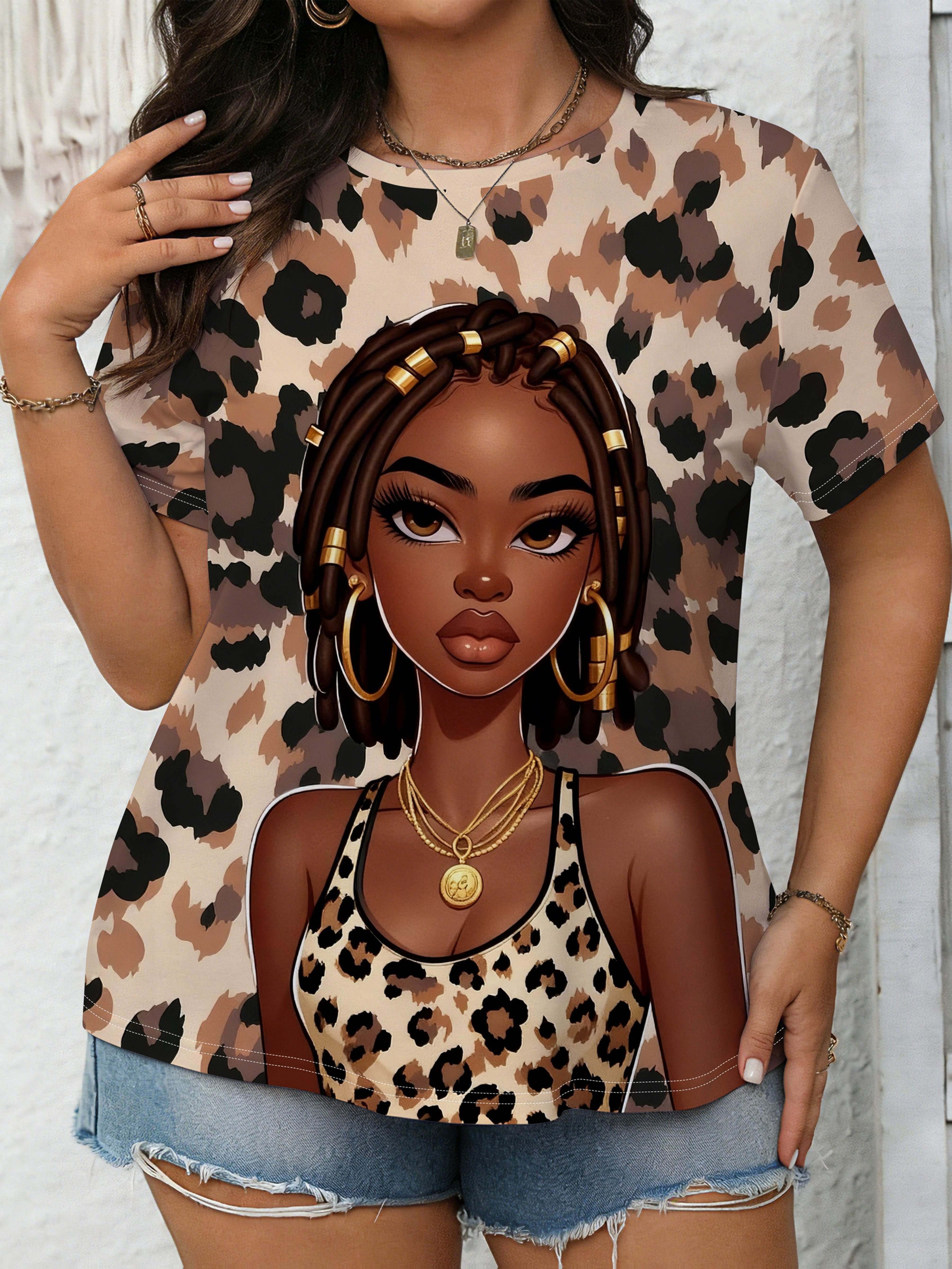 

A Short-Sleeve T-Shirt for Plus-Size Women for The SpringSummer of 2026. Showcasing a Full Gradient Leopard Pattern Along with a Dreadlock Illustratio 2XL дубильная кора
