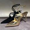 Fashion Summer Cross Cut Hollow Out Satin Sandals Women Gold Silver Pointed Sexy 10.5cm High Heels Brand Fashion Woman Shoes Size34-45