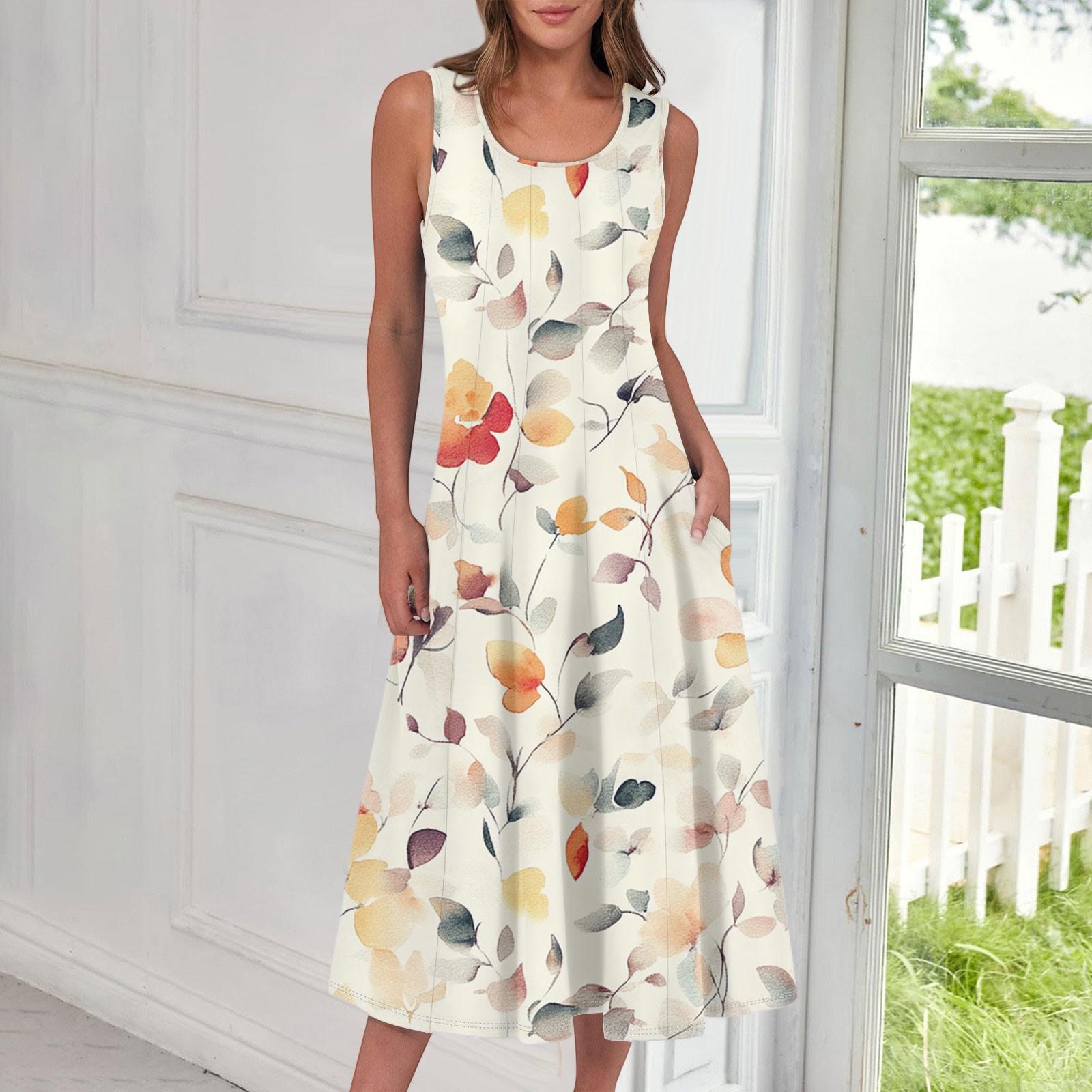 

Женское повседневное модное платье миди с цветочным принтом и круглым вырезом без рукавов XL жёлтый