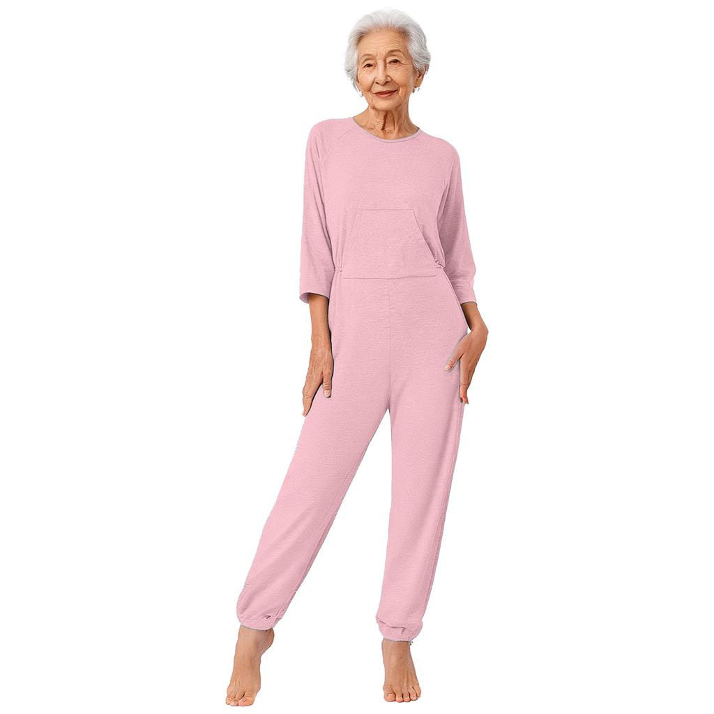 Womens Elderly Adaptive Jumpsuit Back Legs Double Zip Long Sleeve Long Pants Nursing Romper Special Needs Wear