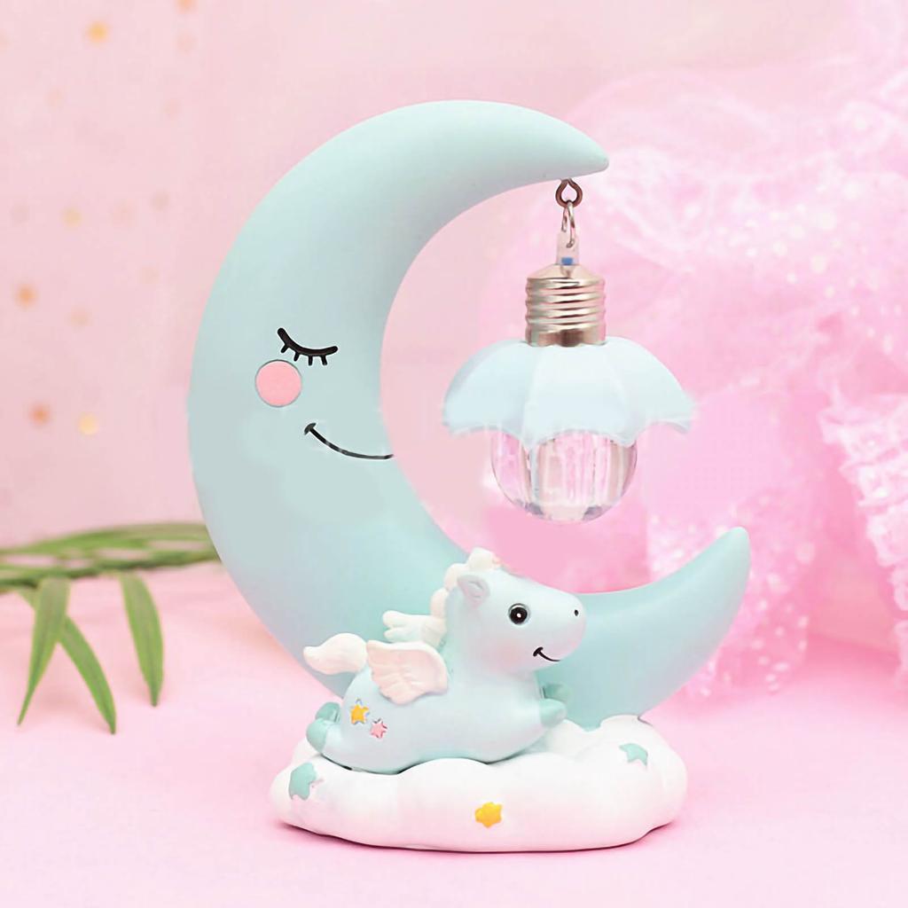 Small Night Light Cartoon Animal Moon Decoration Night Lamp Home Lighting Resin Ornament Blue