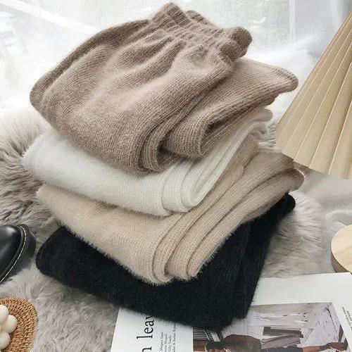 Women Pants High Waist Knitwear Wide Leg Pants Soft Polyester Solid Color Casual Trouser for Autumn Winter