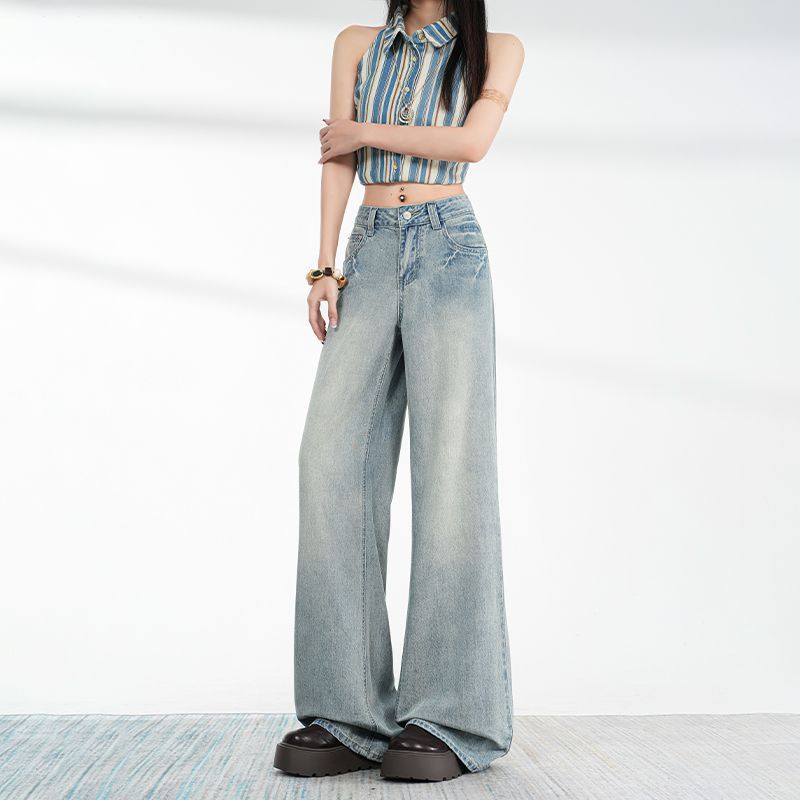 Spring Summer Ice Silk Touch Cat Whisker Relaxed Micro Flare Denim Pants For Ladies Casual Pants Oversize Denim Trousers