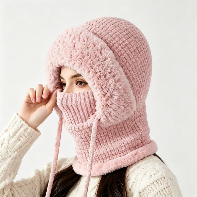 Winter Warm Ear Protection One-piece Hat Women's Scarf One-piece Knitted Hat Fleece Thickened Ski Wool Hat