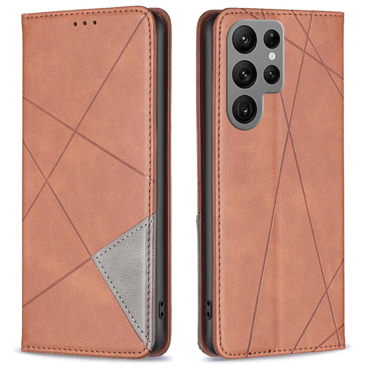 

Чохол для телефону Samsung Galaxy S25 Ultra зі слотами для карток, геометричним відбитком та шкіряним принтом Brown