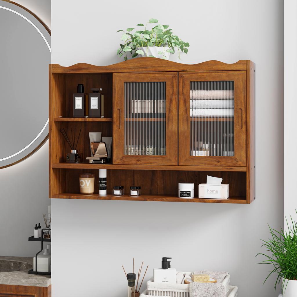 90CM Retro 2-türiger Schiebeschrank Drei Ebenen Stauraum, Geeignet für Badezimmer, Küchen, Esszimmer, Braun