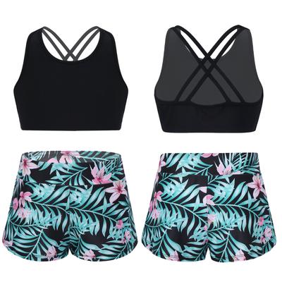 Kids Girls Printed Rash Guard Tankini Sport Crop Top + Swim Shorts Swimsuit Beach Swimwear