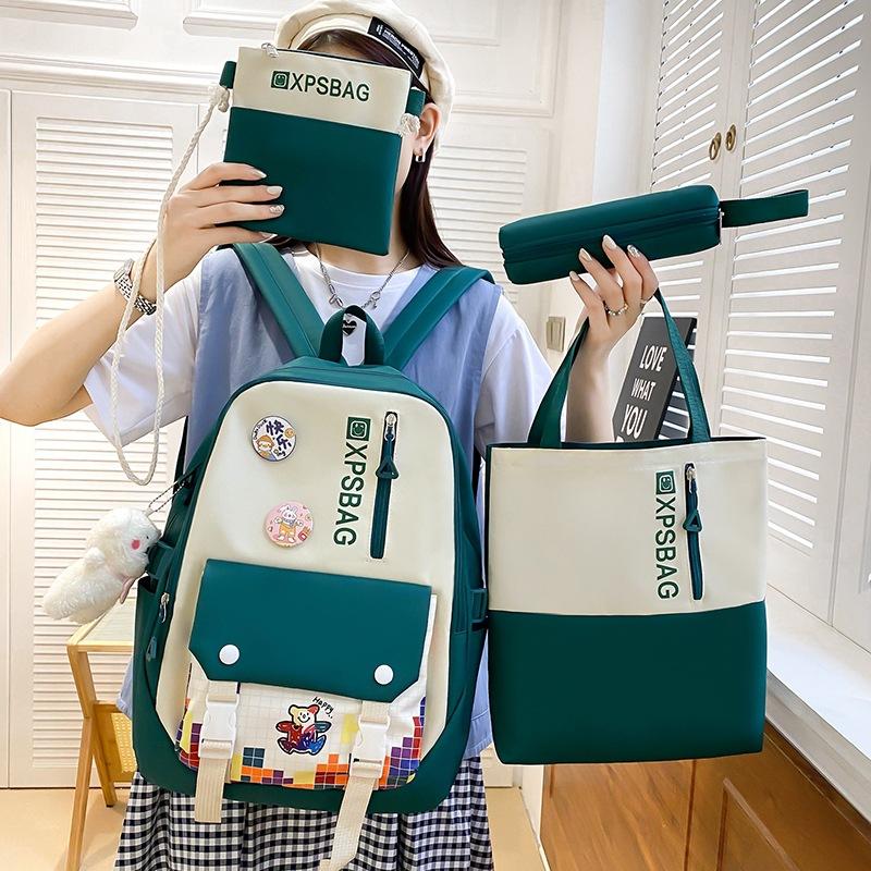 School Bag Campus Backpack Four-piece Contrasting Color New Primary School School Bag Female Large-capacity Junior High School Backpack