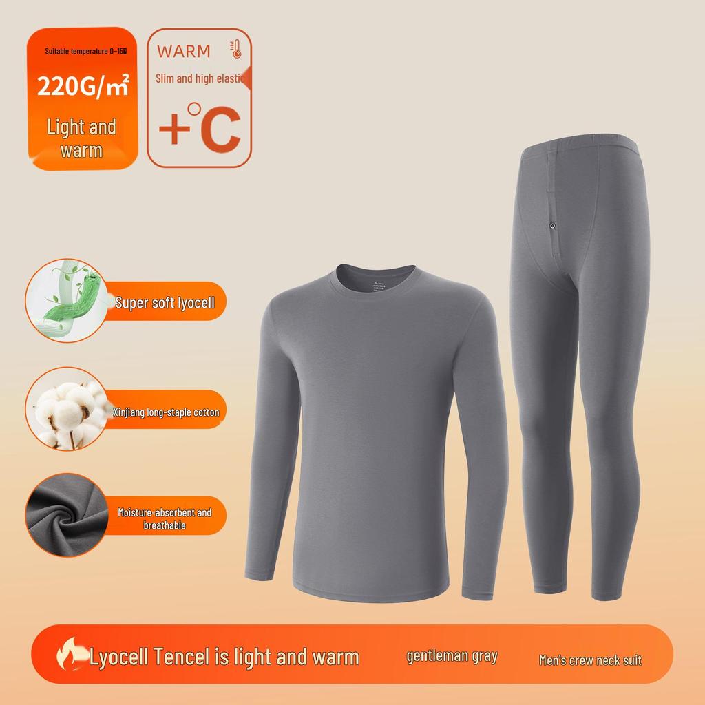 Men's Tencel Lyocell & Cotton Thermal Underwear Set: Antibacterial, Plus Velvet, Autumn Round Neck Top & Trousers