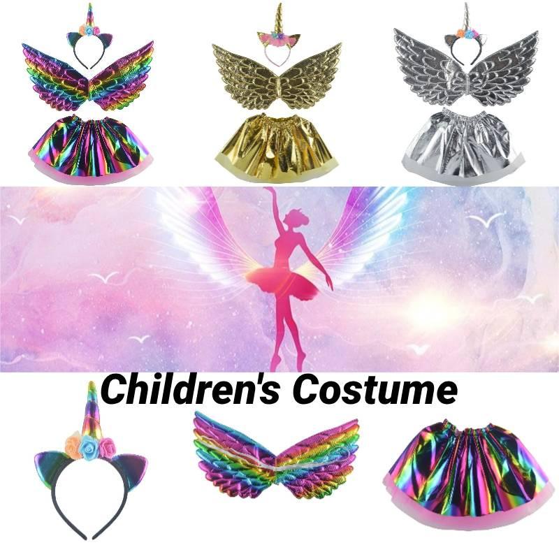 Unicorn Children Costume Headband Skirt Wings Party Clothing Outfit Performance
