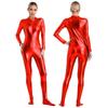Womens Metallic Shiny Zentai Jumpsuit Mock Neck Long Sleeve Front Zipper Full Body Unitard Tights for Dance Performance