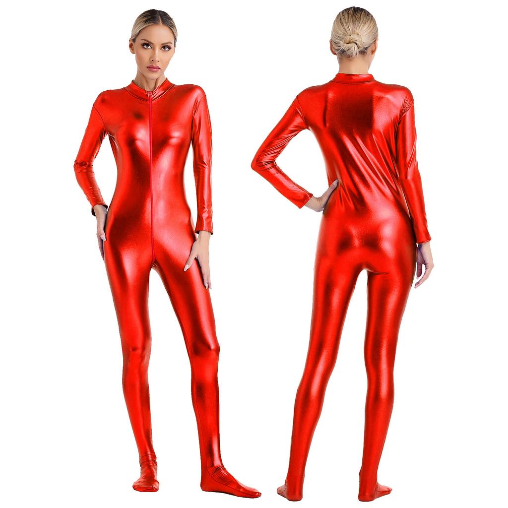 Womens Metallic Shiny Zentai Jumpsuit Mock Neck Long Sleeve Front Zipper Full Body Unitard Tights for Dance Performance