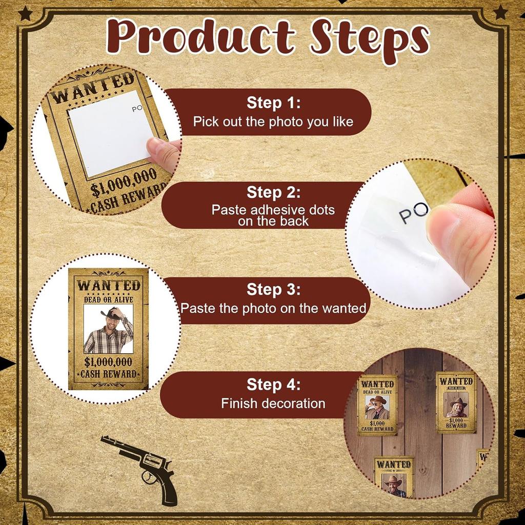 Gueevin 36 Pcs Western Wanted Photo Cutout Signs Cowboy Cowgirl Wanted Picture Cut Outs for Birthday Halloween Western Themed Party Supplies